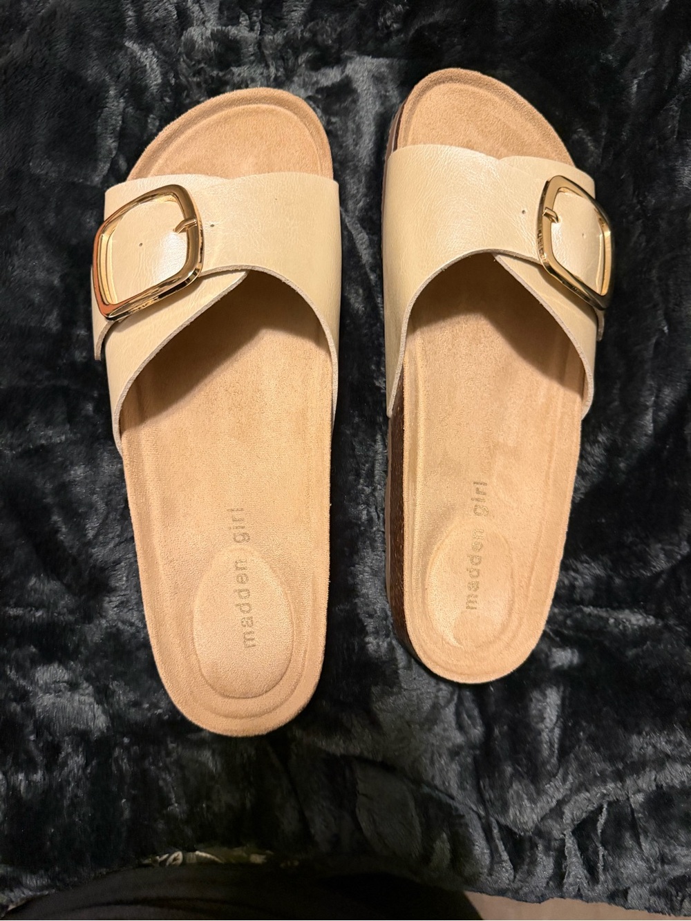 Madden Girl pearlized bone off-white slide sandals with gold buckle